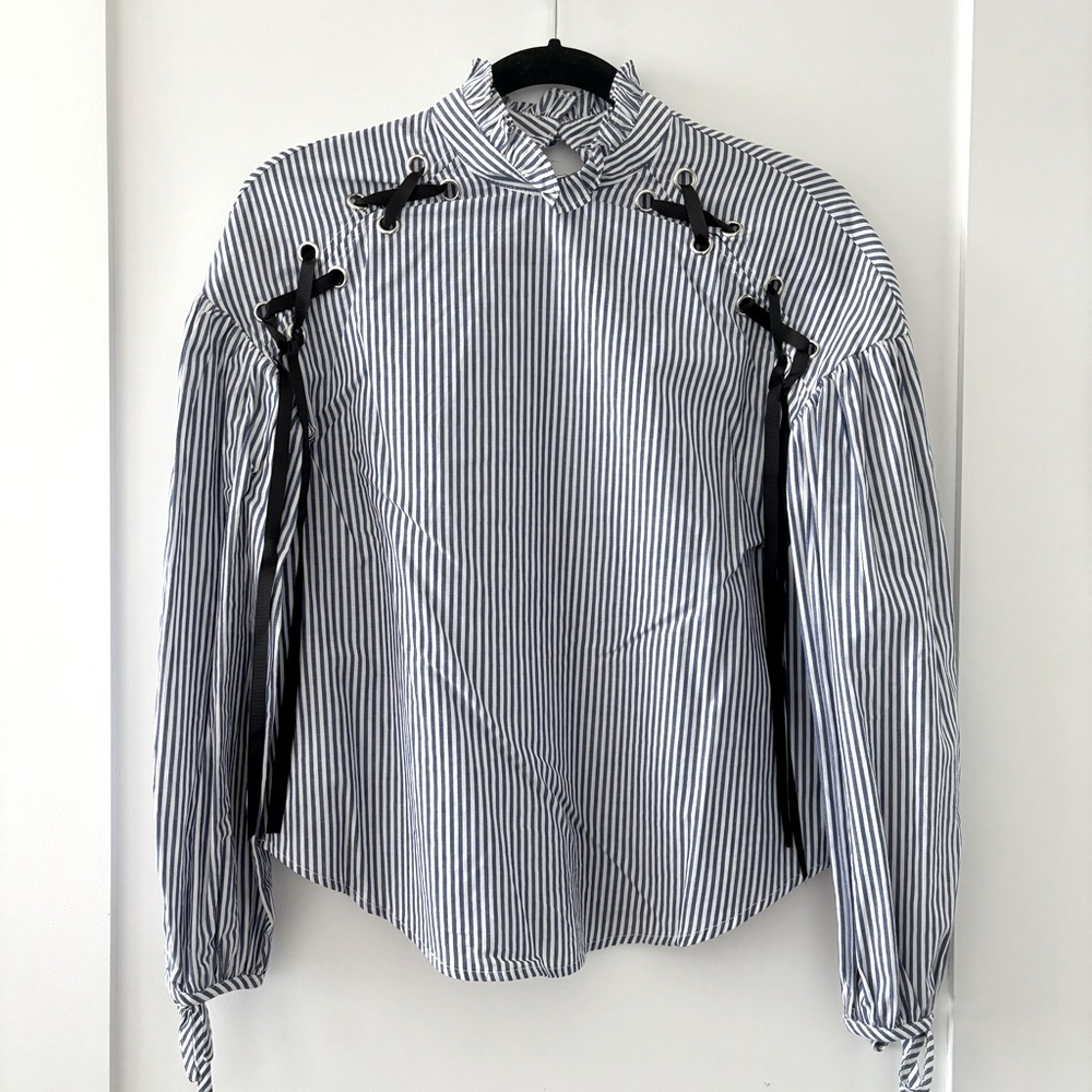 Zara Ruffle Neck Striped Blue White Cotton Top Size S